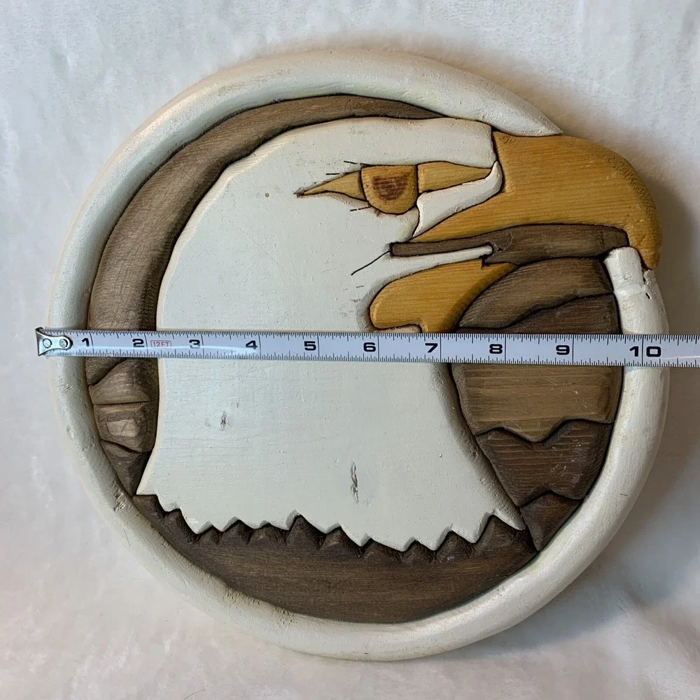 American Bald Eagle Wood Inlay Wall Decor MCM Art Piece Round‎  Handmade Stained